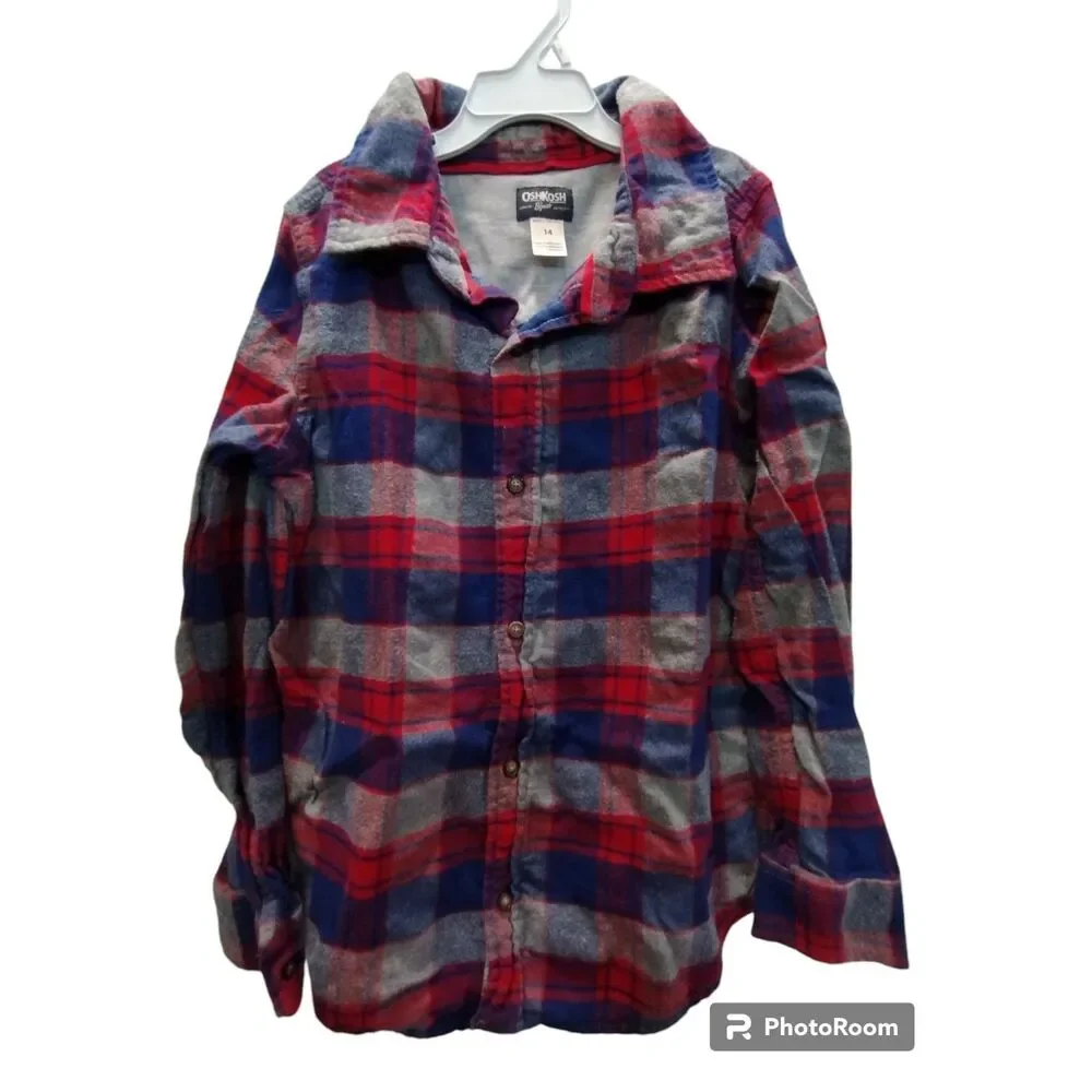 OshKosh B'gosh Boys Size 14 Flannel Plaid Button Down Shirt Red Blue Gray Cotton